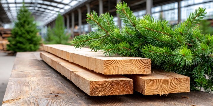 Wood planks and green fir branches representing forestry industry