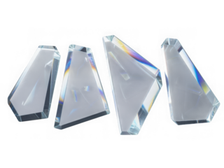 Four clear crystal prisms isolated on white isolated on transparent background