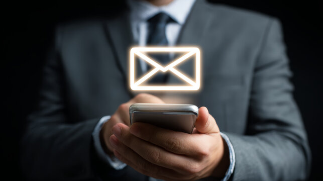 Businessman holding smartphone with glowing email icon above, symbolizing digital communication and messaging - Powered by Adobe