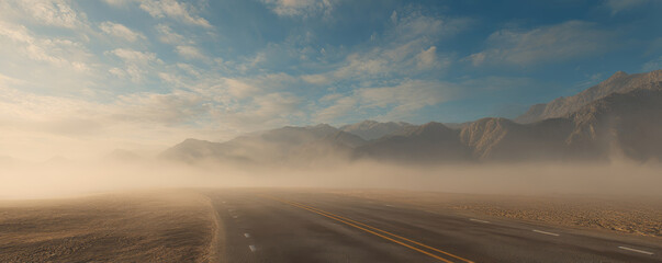Desert road with foggy mountains under cloudy blue sky creating calm and mysterious atmosphere