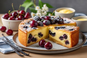 Cherry clafoutis cake with powdered sugar and fresh fruit for dessert
