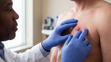 Doctor examining lump on man's chest for male breast cancer diagnosis