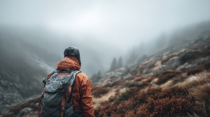 Hiker enjoying scenic mountain view on misty trail in cold weather showcasing commitment to outdoor activity and adventure for discipline nature connection and wilderness exploration lifestyle concept