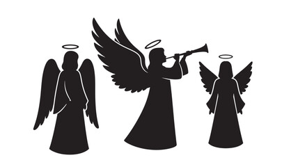 Three black silhouette angels with halos and wings on