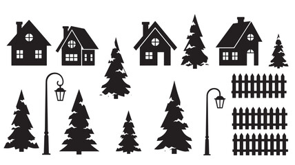 Fototapeta premium Black silhouette of houses trees street lamps and fence on