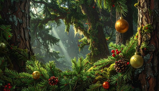 "Towering moss-covered tree viewed from base upward, sunlight filtering through dense canopy, serene forest perspective emphasizing grandeur and nature."