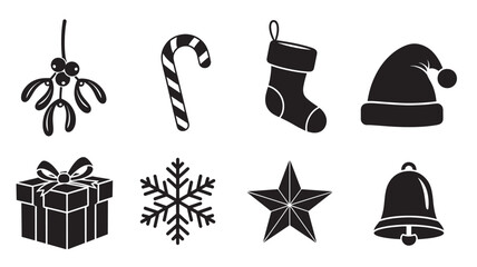 Black and white christmas icons including gift, candy, hat, and bell on
