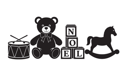 Black and white illustration of a teddy bear with a drum and rocking horse and wooden blocks with noel spelling