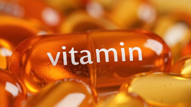 Orange Vitamin Capsule Close-Up - This close-up shot features a group of orange vitamin capsules. The word "vitamin" is clearly printed on one of the capsules in white lettering.