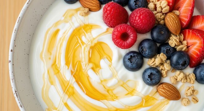 Close up of yogurt bowl with berries almonds honey and granola topping - Powered by Adobe