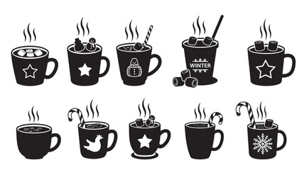 Black and white illustration of various steaming coffee cups with holiday decorations and symbols on them