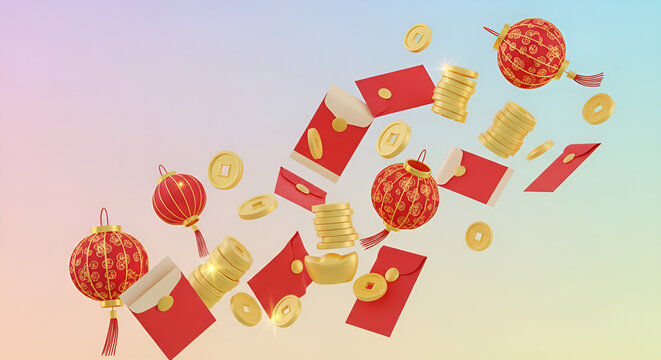 Red Envelopes, Lanterns, and Gold Coins Flying for CNY