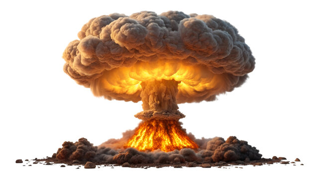 Massive nuclear mushroom cloud explosion with bright orange glow against black background