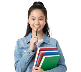 PNG. young student with books and pen. young student girl with books and pen on transparent background.