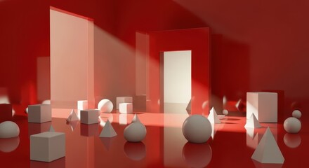 Geometric shapes including cubes, spheres, and cones arranged in a red room with light and shadow