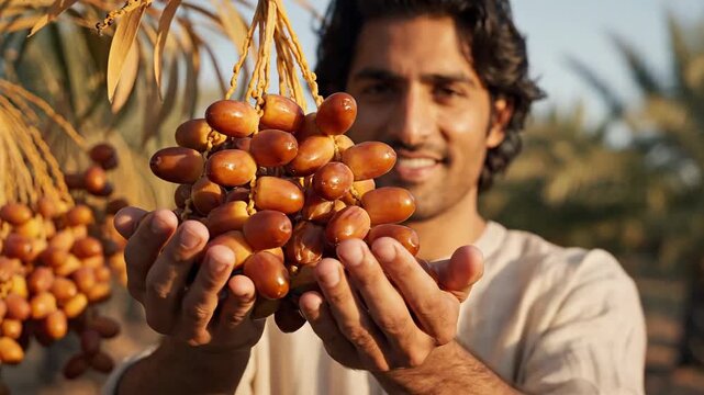 A man joyfully holds a bunch of fresh dates outdoors.