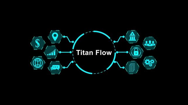Titan Flow Neural Network with Business and Technology Icons on Black Background artificial intelligence.