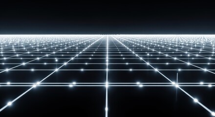 Infinite grid of glowing white dots and lines receding into the distance on a black background, representing data or network