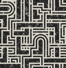 BEIGE SEAMLESS BACKGROUND WITH DARK GREY ABSTRACT GEOMETRIC MAZE PATTERN IN GRUNGE STYLE