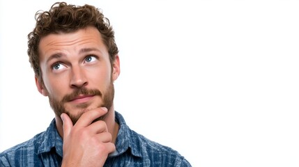Headshot of young man thinking and contemplating, looking up with hand on chin isolated on white background with copy space