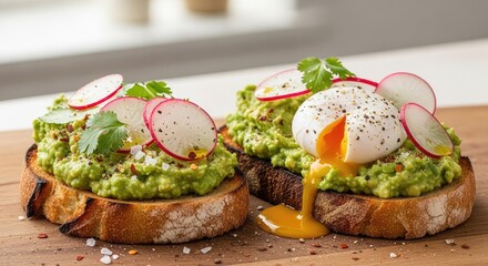 Close up of avocado toast with poached egg and radish slices on a board