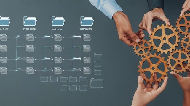 Workflow Management System with Gear Mechanism and Folder Icons Showing Queued, Processing, Validation, and Completed Stages in a Business Environment. Raster.