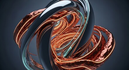 Intricate abstract sculpture of intertwined metallic and glowing orange strands against a dark background