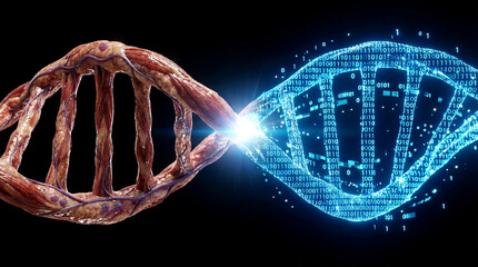 Macro Shot of DNA Helix Merging Biology with Digital Code