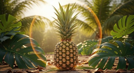 A pineapple surrounded by foliage in a tropical setting at sunset