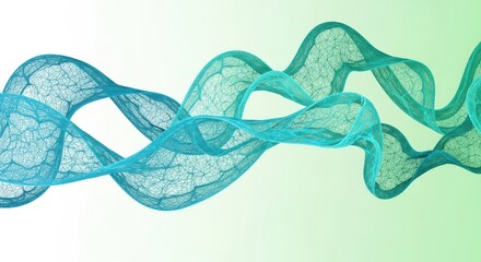 Intricate turquoise ribbon with fractal pattern, flowing wave shape, organic structure, light green to white gradient background