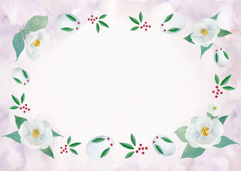 雪うさぎと椿の水彩フレーム