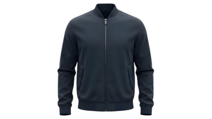 Dark blue mens bomber jacket with zipper closure, front view isolated on transparent background