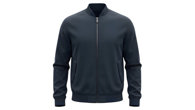 Dark blue mens bomber jacket with zipper closure, front view isolated on transparent background