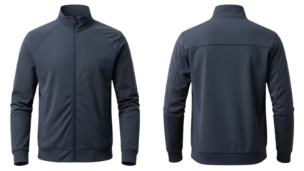 Mens dark blue fullzip athletic jacket mockup front and back view on transparent background
