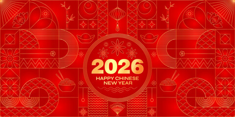 2026 Happy Chinese New Year card. Red gold Lunar calendar