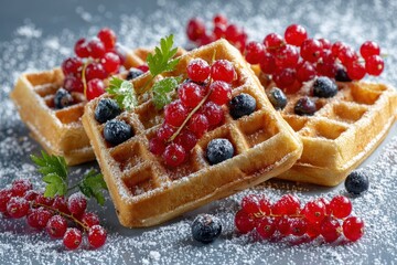Golden baked grid pastries adorned with vibrant red currants and dark berries dusted with confectioners sugar