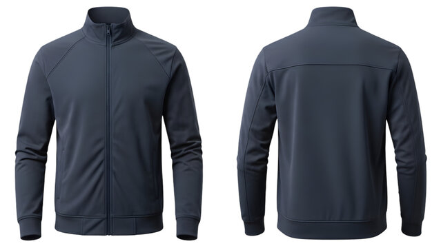 Mens dark blue fullzip athletic jacket mockup front and back view on transparent background