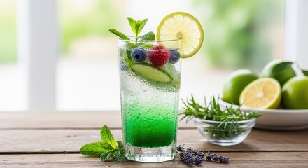 A refreshing drink with berries lime and mint on a wooden surface top