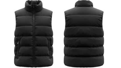 Black puffer vest front and back view isolated on transparent background