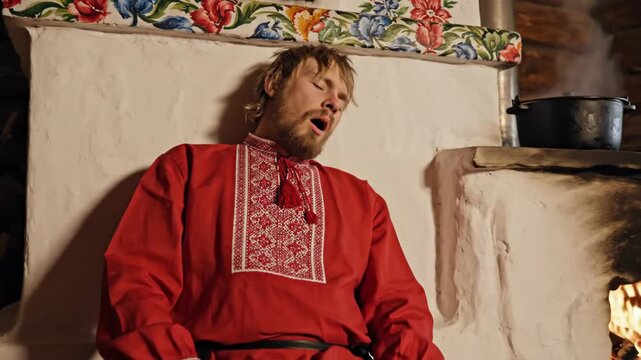 Caucasian man resting and falling asleep on a stove in a traditional authentic wooden house