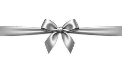 Elegant silver satin ribbon bow on a white background for gift wrapping