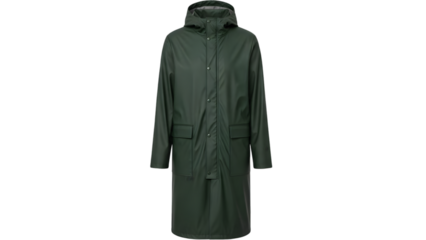 Dark green waterproof raincoat with hood for men or women isolated on transparent background
