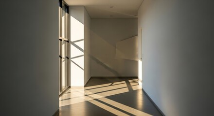 Sunlight streaming through window in modern hallway creating light patterns