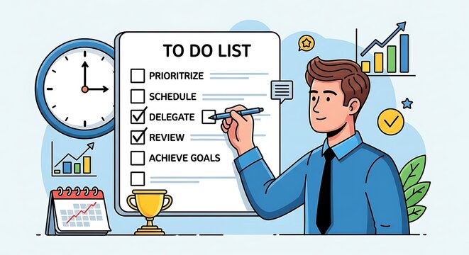 Business man checking off tasks on a to-do list with a clock and calendar in the background symbolizing productivity and time management. - Powered by Adobe