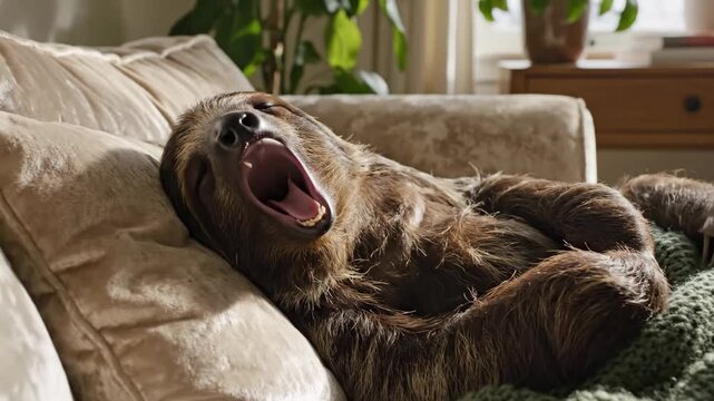 Yawning Sloth on Couch - A brown sloth is lying on its back on a light-colored couch, covered with a green knitted blanket. The sloth is yawning widely, exposing its mouth and teeth.