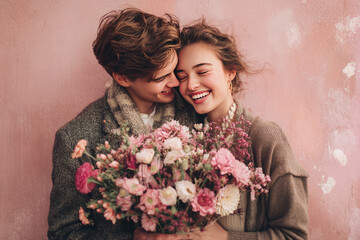Couple hugging with flowers 