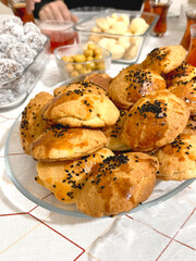A family's tea time snacks in Türkiye. Table focused on handmade pastries. Healthy and hygienic foods. Meal day idea concept. Tasty.
