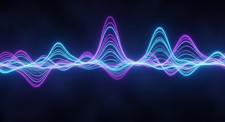 Vibrant neon sound wave equalizer pulsing with blue and purple light against a dark, atmospheric background, representing audio
