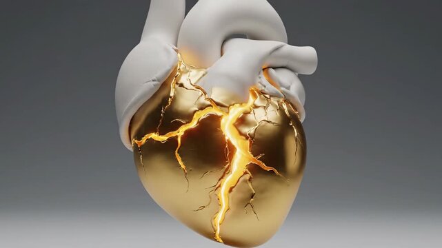 White anatomical heart cracking open with glowing golden inside. Heartbreak and healing process concept.