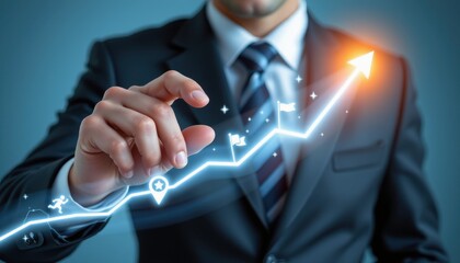 Businessman in Suit with Interface Touching Growth Graph with Progress Indicators and Arrow Symbolizing Success